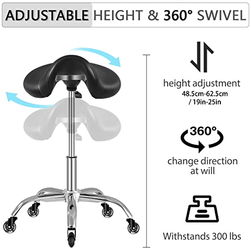 Saddle Stool with Wheels 300 lbs Weight Capacity, Heavy Duty Rolling Stool for Medical Massage Salon Kitchen Spa Drafting Nail-Tech,Height Adjustable,360 Swivel,Wide Thick Seat Padding (Premium Black)