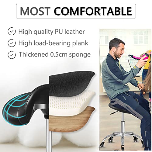 Saddle Stool with Wheels 300 lbs Weight Capacity, Heavy Duty Rolling Stool for Medical Massage Salon Kitchen Spa Drafting Nail-Tech,Height Adjustable,360 Swivel,Wide Thick Seat Padding (Premium Black)