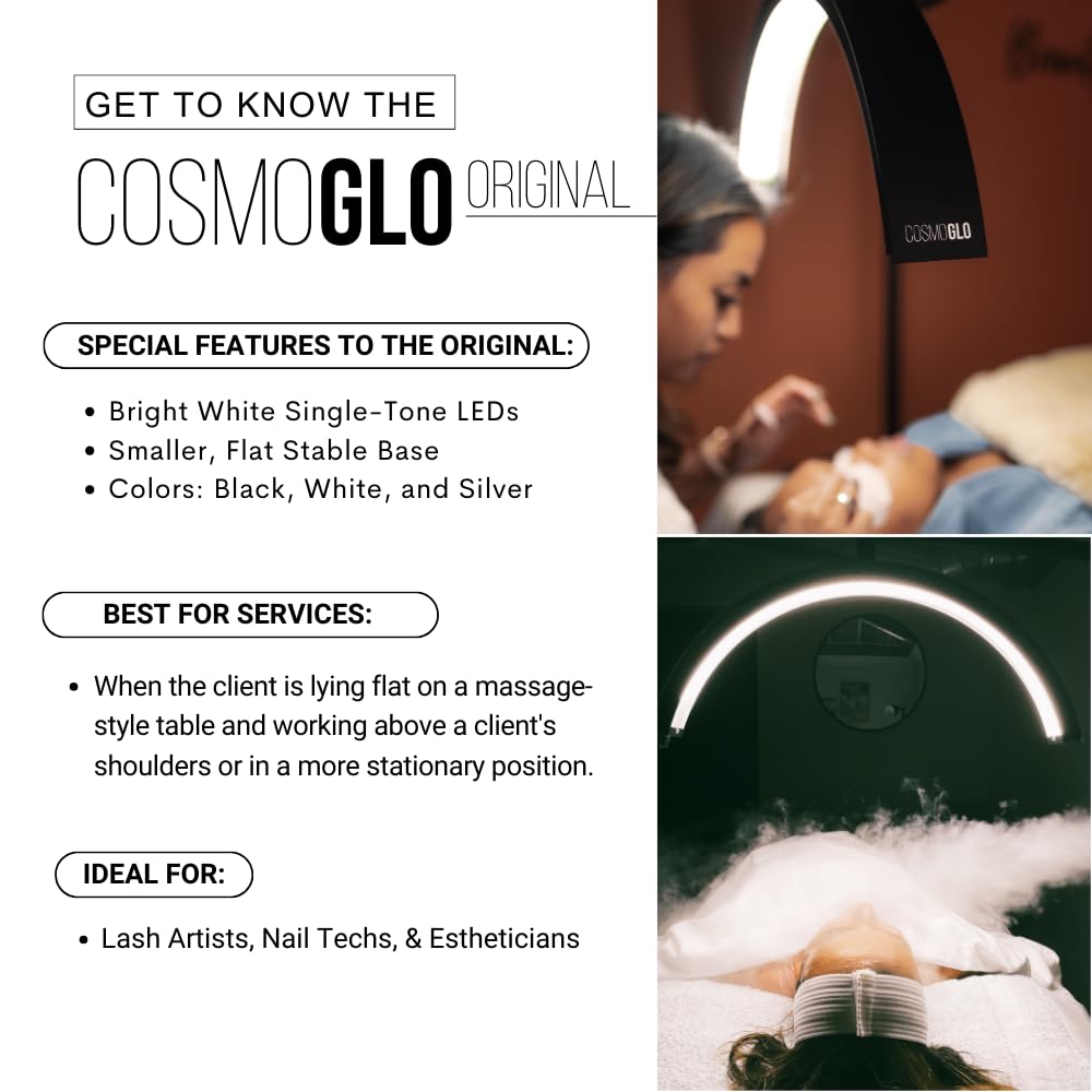 CosmoGlo Original Light + Phone Clip (Black) for Eyelash Extensions, Skincare, Nails, Lashes, Eyebrows, Filming, Content Creation, LED Floor Light, 360 Rotation Curved Halo, Half Moon Lamp